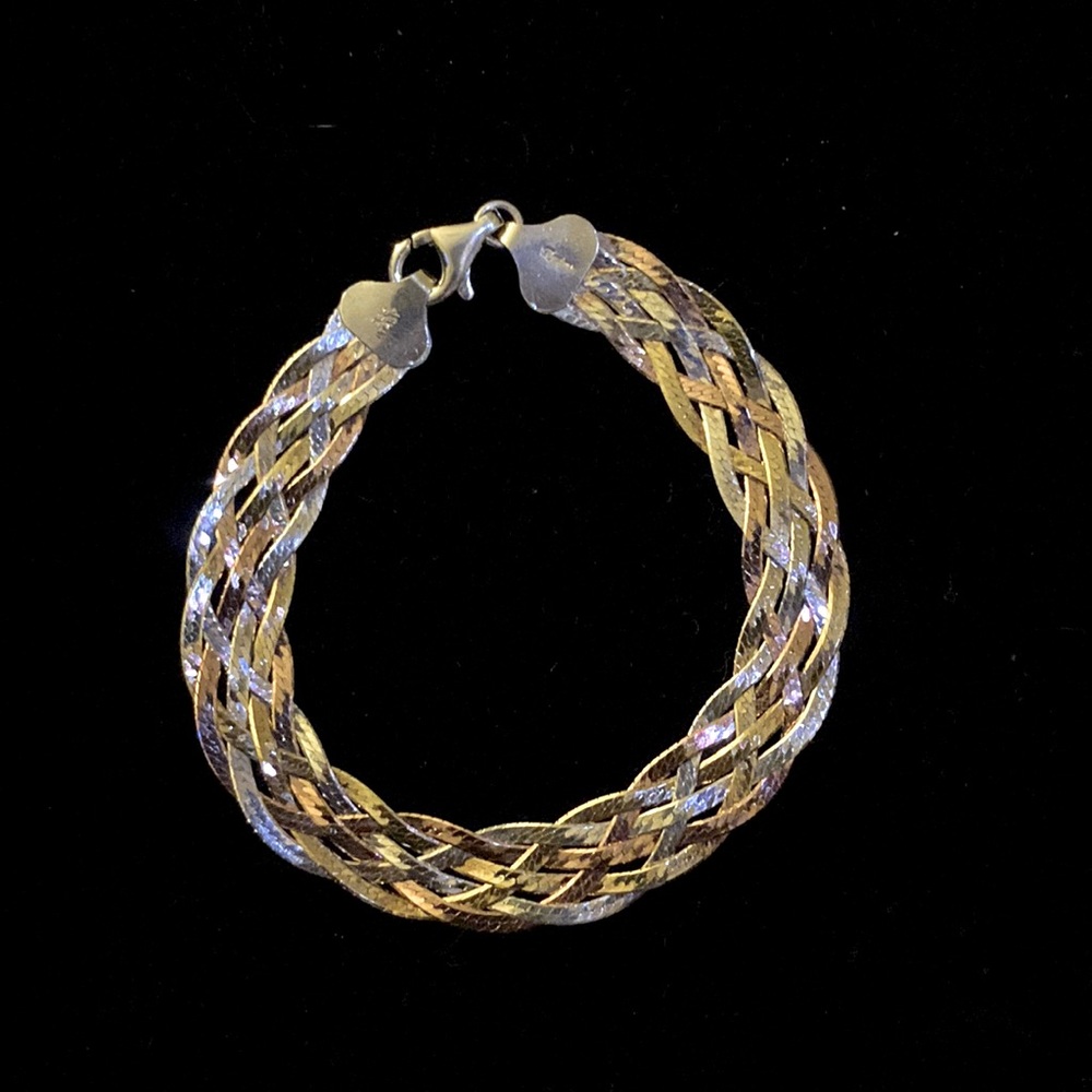 Vintage Italian Sterling Silver Tri Color Herringbone Braided Bracelet